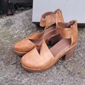 Antelope Tan Leather Platform Ankle-Strap Heels